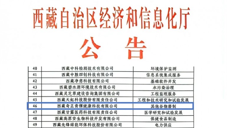 奇正青稞榮膺創(chuàng)新型中小企業(yè)認證，引領青稞產業(yè)健康新潮流